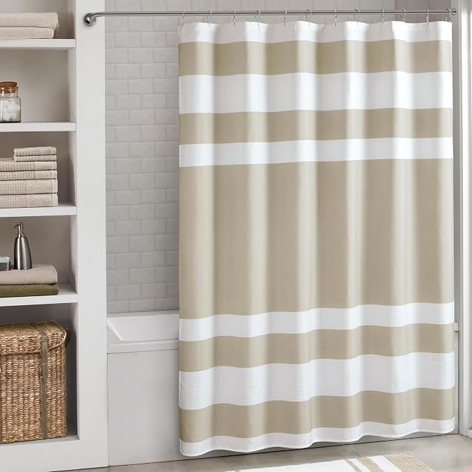 Madison Park Spa Waffle Weave Extra Long Shower Curtain, 72 x 84, Taupe | Striped, Pieced Fabric Design, 3M Scotchgard Moisture Management, Hotel Quality, Modern, for Bathroom, OEKO-TEX Certified