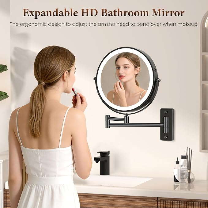 9" Large Wall Mounted Lighted Makeup Mirror, 5000mAh Rechargeable 1X/20X Magnifying Mirror with 3 Color Lights Touch Dimmable, Extended Arm 360° Swivel Bathroom Wall Mounted Makeup Mirror,Black Nickel