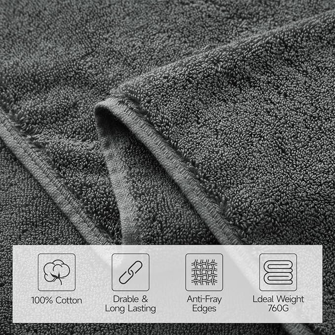 REDKISS 2 Pack Large Bath Towels Set, 100% Cotton, 31x63 in, Heavyweight 760G, Highly Absorbent & Quick Dry, Super Soft Luxury Towels for Bathroom,Hotel Collection - Dark Gray
