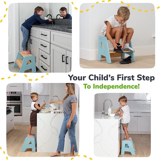 2-Step Wooden Toddler Step Stool for Bathroom Sink & Kitchen Use - Blue | Non-slip steps and padded feet for extra stability. Lightweight to carry, safely supports ages 2+ and adults up to 250 lbs.