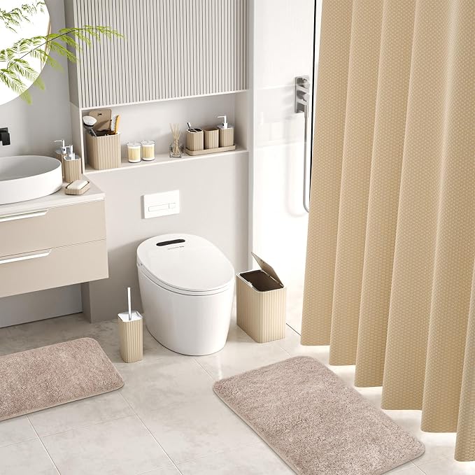 Bathroom Accessory Set - Bathroom Set, 27PC Bathroom Accessories Set, Beige Bathroom Sets with Shower Curtain and Rugs, Mini Trash Can, Toilet Brush, Trash Can & Soap Dispenser