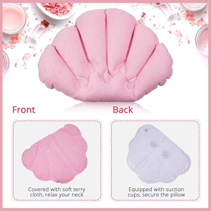 3 Pieces Inflatable Bath Pillow with Suction Cups, Terry Cloth Covered Shell Shape Bathtub Spa Pillow Comfortable Soft Cushion, Neck Support(Pink, Blue, White)