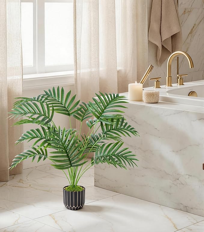 florisso 28" Fake Plants Artificial Areca Palm Plant Tall Faux Plants | Indoor Outdoor Tree, Fade-Resistant, Zero Maintenance, Premium Durable for Living Room Home Decor