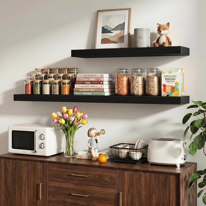 Vivelove 12 Inch Floating Shelves Wall Mounted for Display, 6.5 Deep Duty Shelves with Invisible Brackets for Living Room,Bedroom,Kitchen, Bathroom Storage & Decor,12" Wx6.5 Dx1.4 H - Black