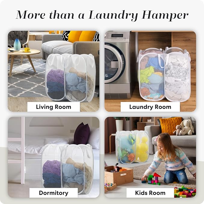 Handy Laundry Mesh Popup Hamper - Two Compartments, Collapsible for Storage and Easy to Open. Folding Pop-Up Clothes are Great for The Kids Room, College Dorm or Travel. (White)