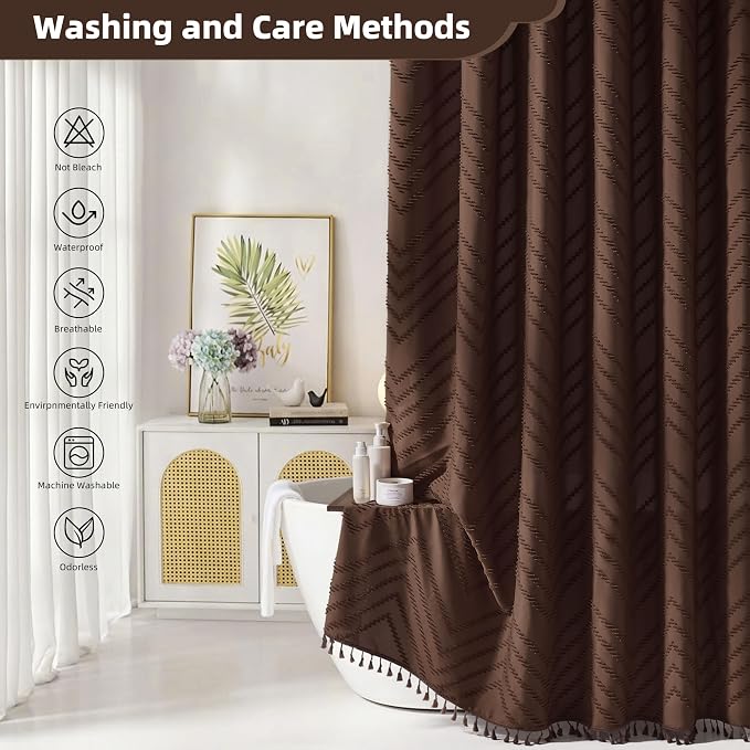 Siiluminisoy Brown Shower Curtain Fabric Shower Curtain for Bathroom 72 x 72 Tufted Chevron Textured Striped Modern Farmhouse Minimalist for Bathroom