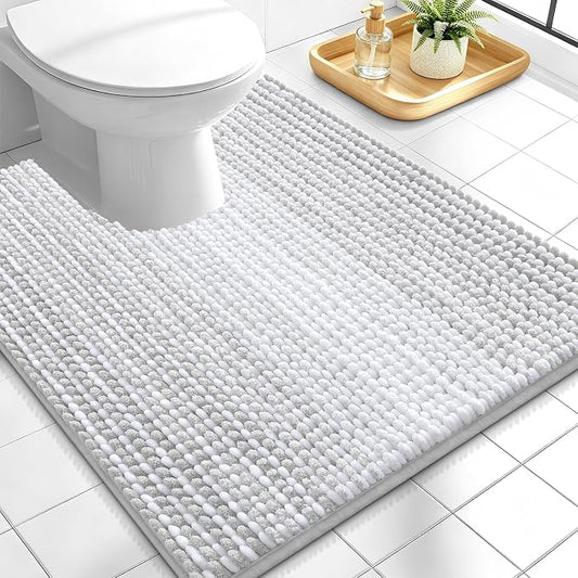 OLANLY Toilet Rugs U-Shaped 24x20, Chenille Contour Bath Mat, Light Grey | Extra Soft Absorbent, Striped Bathroom Rugs for Toilet, Dry Quickly, Machine Washable, Non-Slip