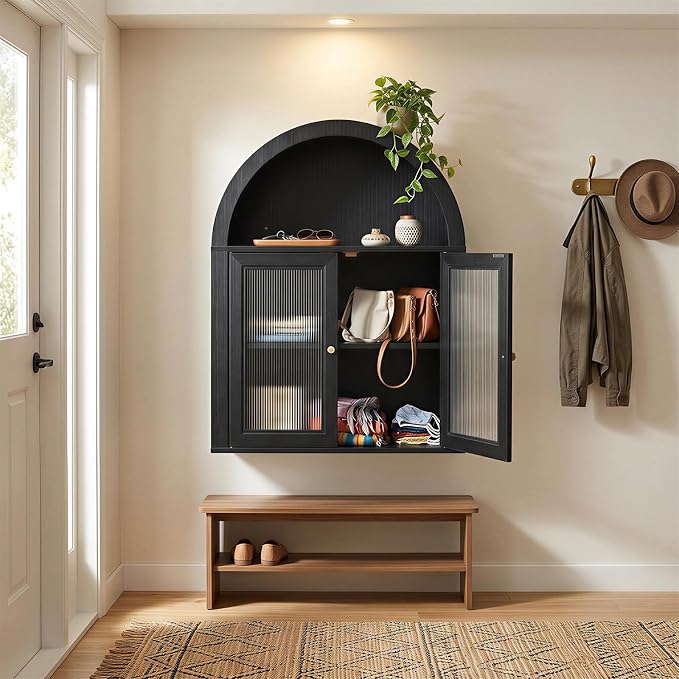 Medicine Cabinet with Arched Top, Bathroom Wall Cabinet Over Toilet with Wave Pattern Tempered Glass Doors and Removable Shelf, Arch Hanging Cabinets for Kitchen, Living Room, Laundry Room, Black