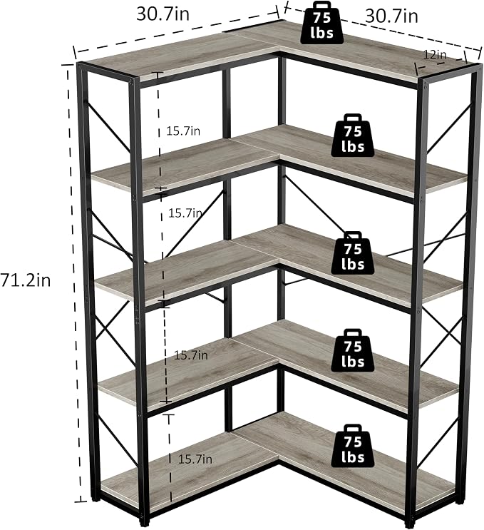Shintenchi 5 Tier Corner Bookshelf, L Shaped Large Bookcase, Grey | Etagere Bookcase, Corner Shelf Display Storage Rack, with Metal Frame, for Living Room, Bedroom, Office