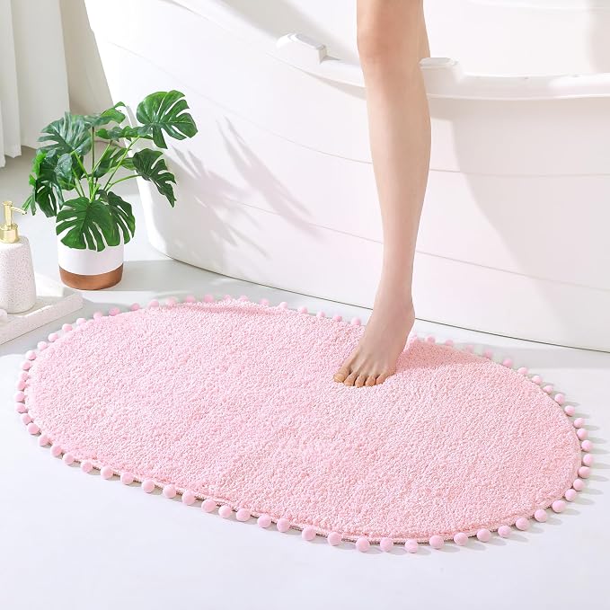 YIRDDEO Oval Rug for Bathroom, Cute Boho Bath Mat with Pom, Pink, 36"x24" | Soft Plush, Absorbent, Quick Dry, Machine Washable, Non Slip Bath Mat for Bathroom Shower Floor Home Decor