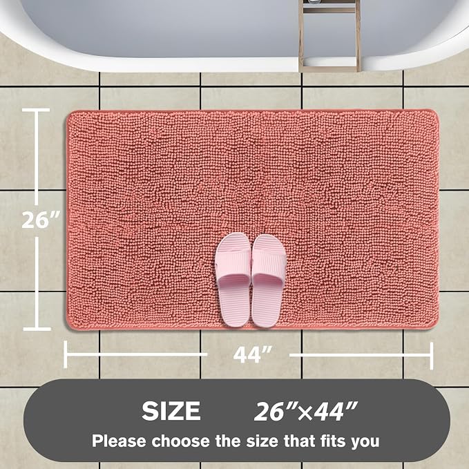 Coral Bathroom Rugs – Absorbent and Washable Bath Mat, Non-Slip, Thick Soft Chenille Bath Rugs for Bathroom Floor, Shower, Sink - 26" x 44"