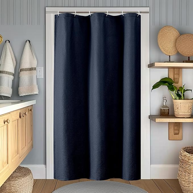 Navy Blue Stall Shower Curtain for Bathroom, 3D Embossed Textured Fabric Small Shower Curtain for Narrow Stall Size, Machine Washable Water Resistance, Hotel Style, 36" W x 72" L, Navy Blue