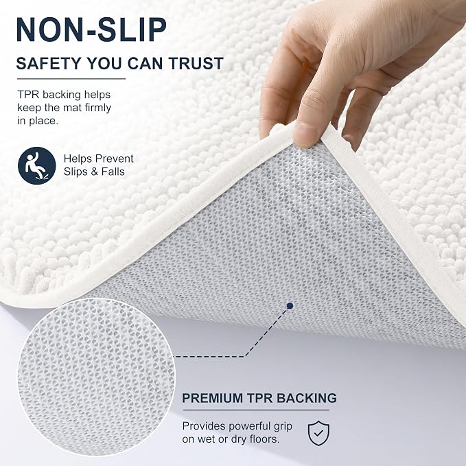 Smiry Thick Chenille Large Bathroom Runner Rugs 44x32, Soft Bath Mat, Ivory | Quick‑Dry & Machine Washable, Non‑Slip Bath Carpet, Striped Bath Rugs for Tub & Shower, Modern Home Decor Accessories