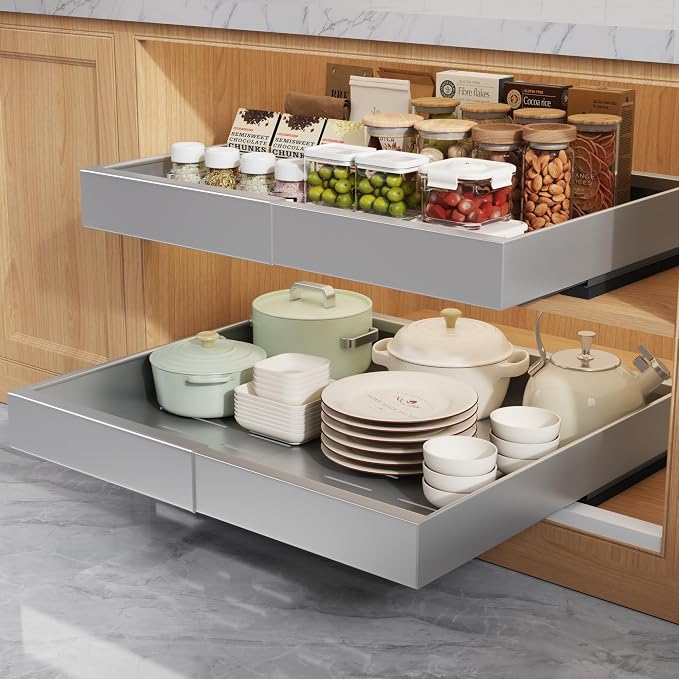 Seinloes 2 Pack Pull Out Cabinet Organizers 21"Deep with Raising Pad for Framed Cabinets,Expandable Slide Out Drawers Upgrade 3 Slide Rails,Roll Out Shelves Adhesive,Adjustable Width 12"-20.45" Silver