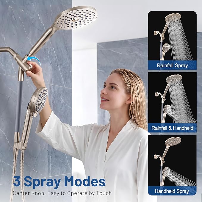MakeFit Dual Filtered Rain Shower Head Combo, High Pressure Handheld Shower Head with Adjustable Bar - Rainfall Shower Head And Showerhead with Filter for Hard Water - Removes Chlorine(Brushed Nickel)