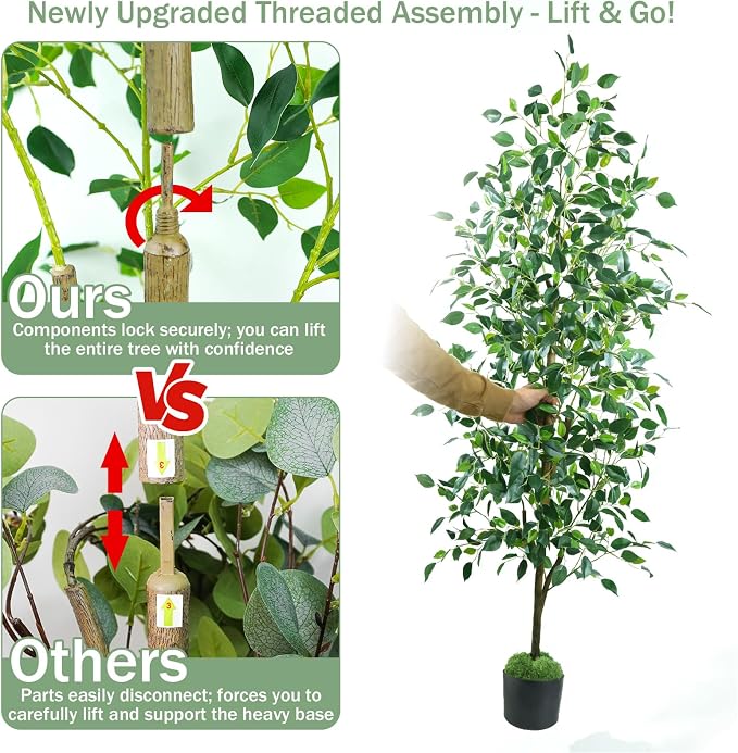 Caxchiling Artificial Ficus Tree 6FT, Faux Floor Tree Indoor Outdoor | Lifelike Ficus Leaves with Moss Topper and Cotton Basket, Perfect for Home Office, Living Room, Bedroom,Entryway Decor