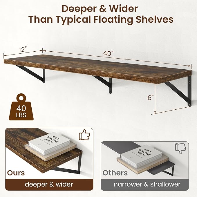 Deep Floating Shelves - 40 Inch Floating Shelves Set of 2-12 Inch Deep Brown Wood Wall Shelves for Living Room Bathroom Kitchen