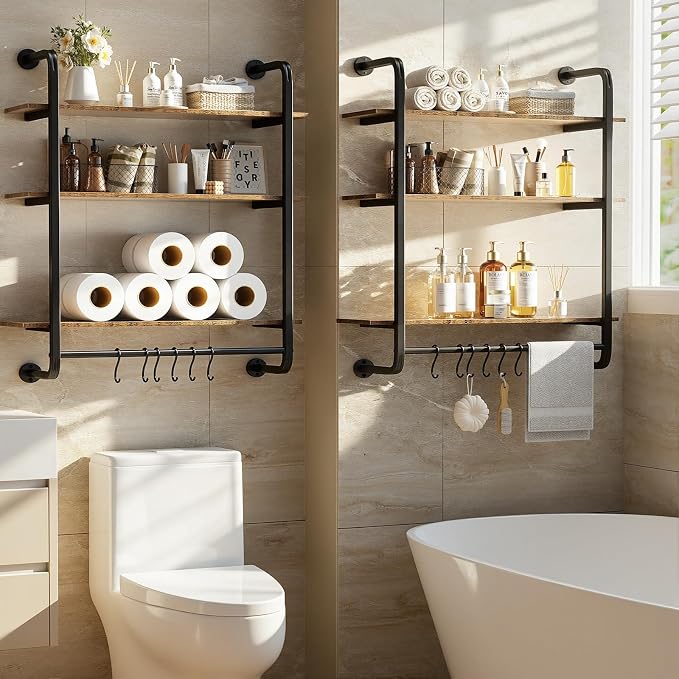 3 Tier Industrial Pipe Floating Shelf, 24" Kitchen Wall Shelves | with Towel Bar & 6 Hooks, Coffee Bar Shelves Display Bookshelf Wall Shelf for Kitchen, Bathroom, Home Décor, Rustic Brown