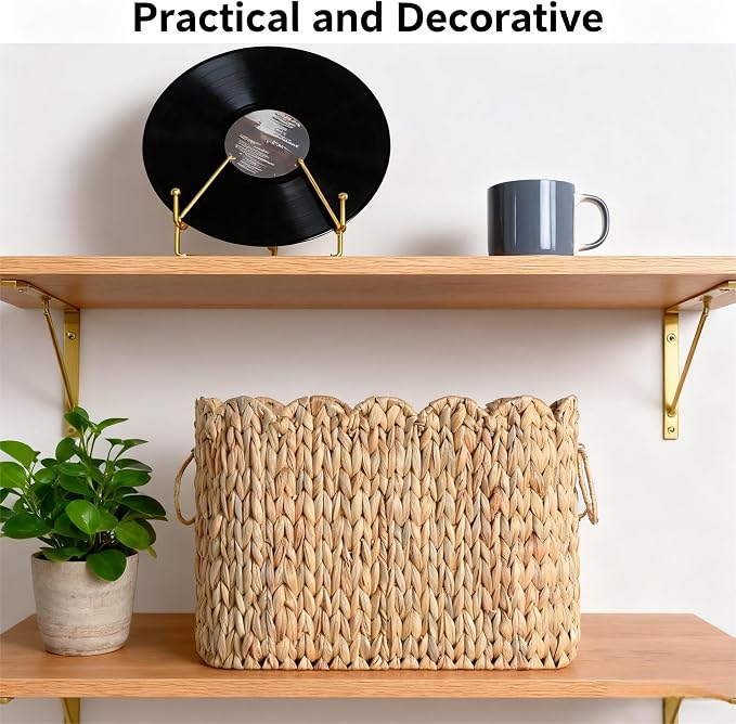 Narrow Wicker Toilet Paper Holder Basket with Lid, Scalloped Wicker Storage Basket with Lid,Woven Curve Basket,Rattan Bathroom Organizers and Storage Baskets- Holds Up to 9 Mega Rolls