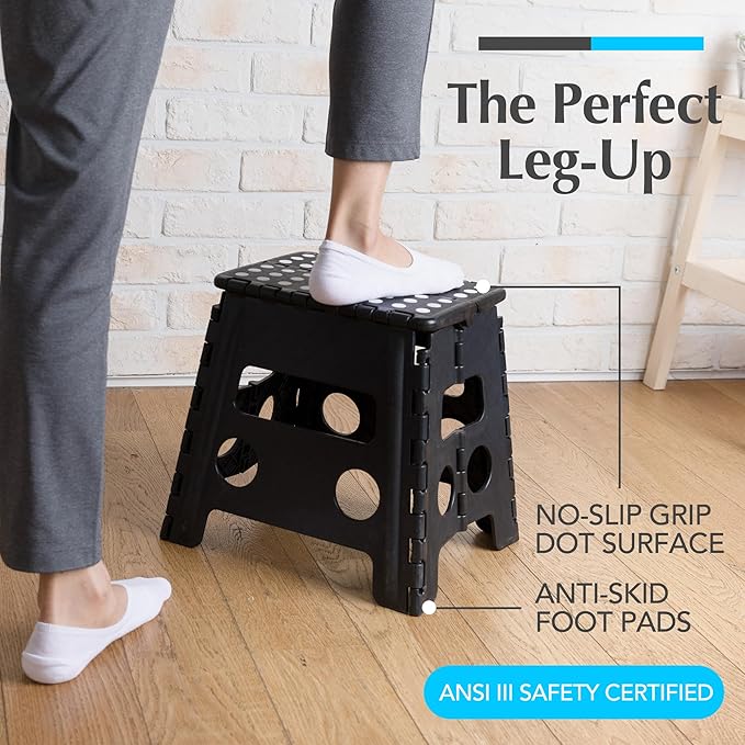 Handy Laundry Folding Step Stool 13 Inch, Black, Non-Slip Holds 300 lbs | 13 Inch, Black, Foldable Collapsible Step Stool, Non-Slip, Holds 300 lbs, Kitchen Bathroom Bedroom, Adults
