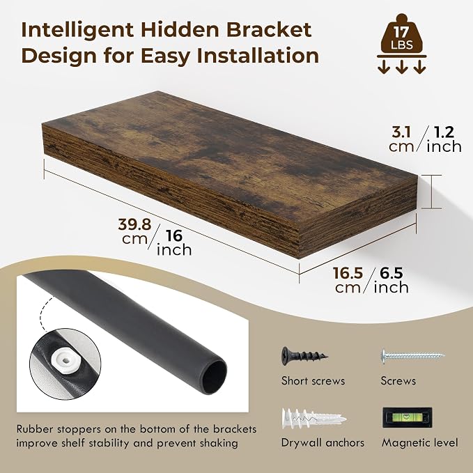 Heimlove 16 inch Brown Floating Shelves for Wall,6.7 inch Deep Small Bathroom Over Toilet Shelf,Wall Mounted Wood Shelves for Bedroom,Living Room,Kitchen,Office,Set of 2