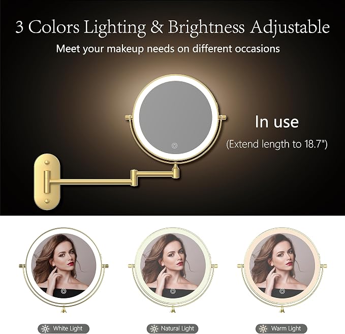 9" Wall Mounted Lighted Makeup Mirror,Oval Base, 10X, Gold | Rechargeable Lighted Makeup Vanity Mirror,Double Sided Dimmable,Magnifying,3 Color Lighting,360 Rotation Shaving,Women Gift