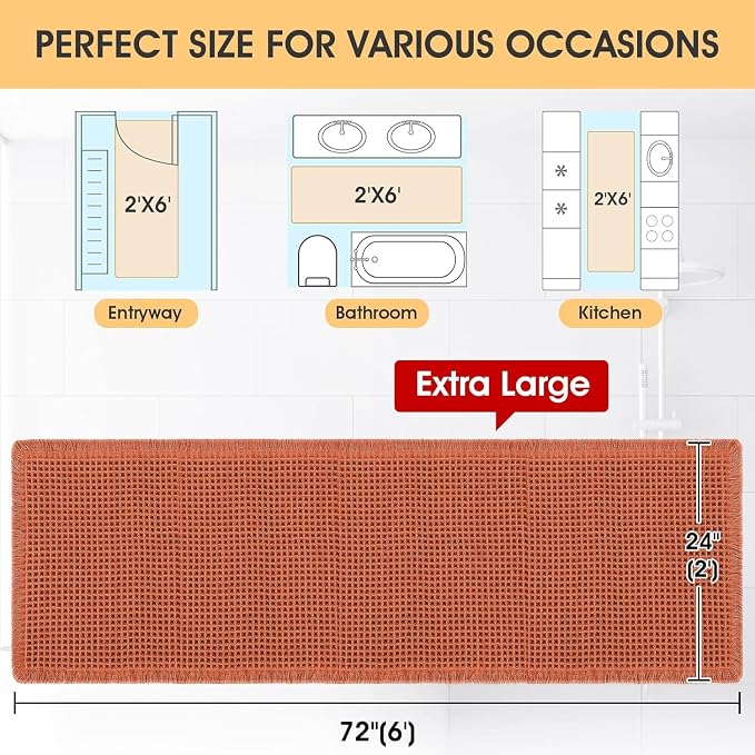 Waffle Runner Rug Burnt Orange 6'x2'(72" x 24"), Boho Woven Modern Bath Mat, Absorbent Non Slip Bathroom Rugs, Soft Washable Rugs with Tassels for Bedroom, Kitchen, Shower, Tub