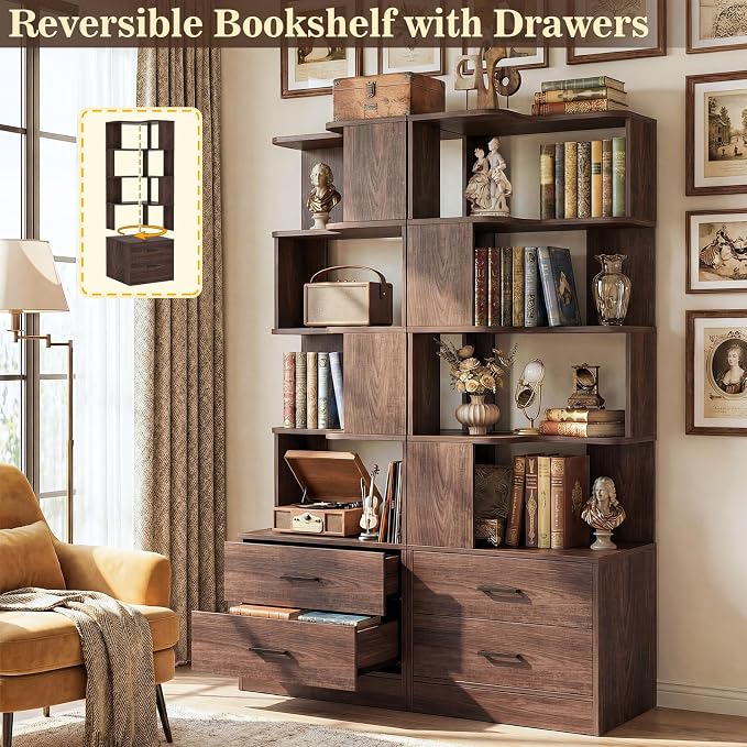 Corner Book Shelf with Drawers, Small Corner Shelf with Drawers | L Shaped BookShelf 6-tier Bookcase for Bedroom Storage, Living Room, Home Office, Kitchen Pantry, Black Walnut