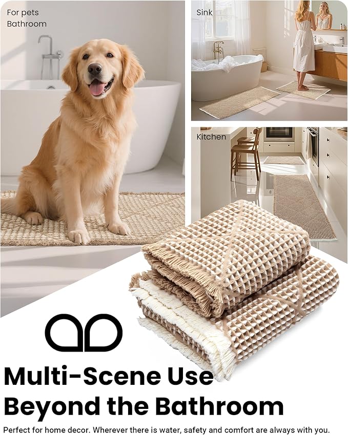 Furicher Waffle Bath Mat Set, Non Slip Bathroom Rugs 2 Piece, Brown & White | Ultra Absorbent Long Bath Rug Runner for Bathroom Boho Chic Decor, Machine Washable Floor Mats, 20"×47" Plus 18"×30"