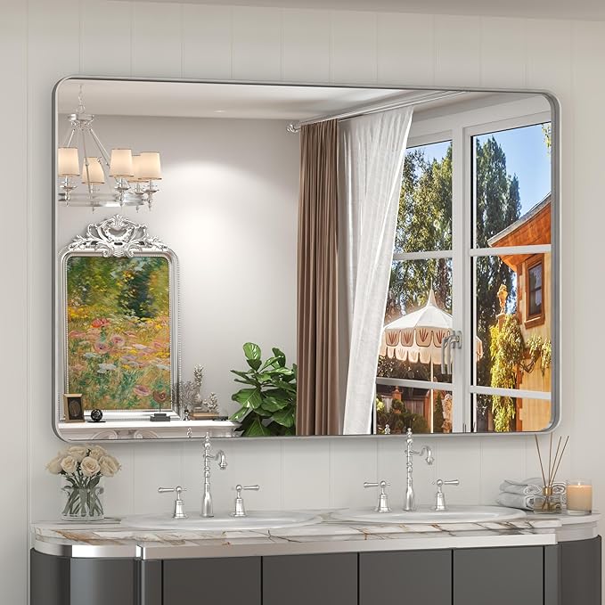 48x32 Inch Brushed Nickel Bathroom Mirror, Brushed Silver Metal Framed Wall Mirror, Rounded Corner Rectangle Modern Vanity Mirror, Tempered Glass, Anti-Rust, Shatterproof (Horizontal/Vertical) | Silver Metal Framed Wall Mirror, Rounded Rectangle Vanity...