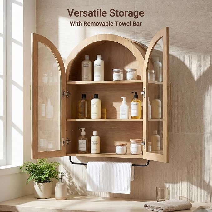Seang Bathroom Arched Wall Cabinet,23.6" Modern Medicine Cabinet with Towel Bar and Adjustable Shelf,Over The Toilet Wall Storage Cabinet for Laundry Room,Living Room,Kitchen,Natural
