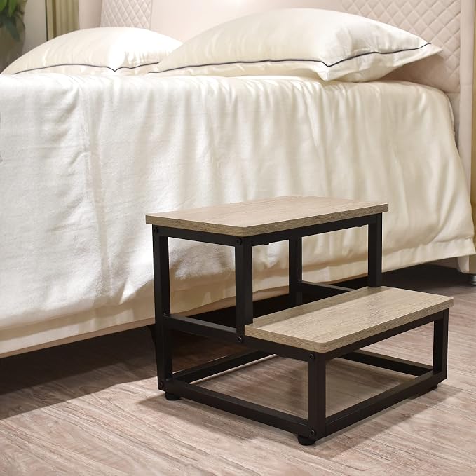SZLHANJZ Step Stool, Wood & Metal Step Stools for Adults Kids, 500 LB Load | 2 Steps for Adults Kids, Bedside Stepping Stool for High Bed with Round Corners, Step Foot Stool for Kitchen Bedroom, Beige