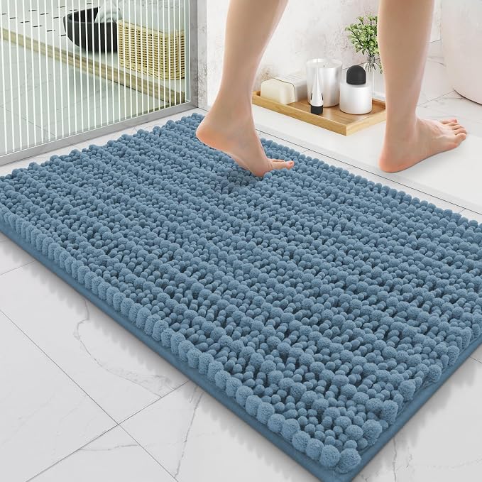 Smiry Bathroom Rugs 35X24, Extra Soft Rubber Backing Chenille Bath Mats | Grayish Blue Machine Washable Non Slip Quick Dry Bath Mats for Bathroom Floor, Tub, Shower, Home Decor Accessories