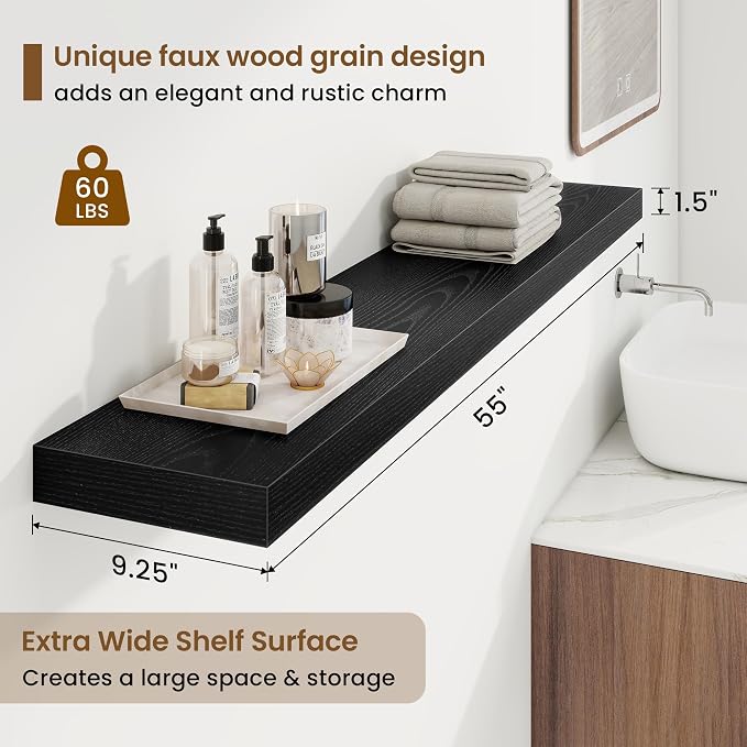9.25in Depth 55in Floating Shelves, 55"W x 9.25"D x 1.5"H, Black, 2Pcs | Long Wall Mounted Engineered Wood Shelves for Wall with Invisible Brackets for Living Room, Bedroom, Bathroom, Kitchen