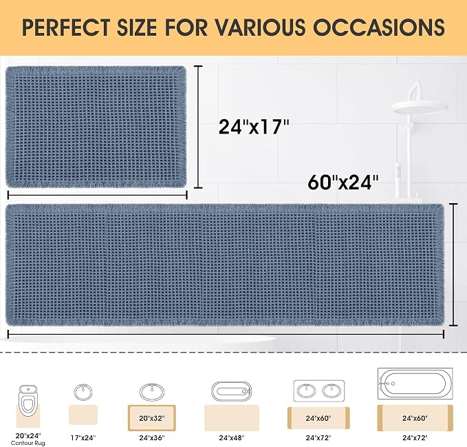 Waffle Bath Mat Set 2 Piece Blue,Woven Modern Bath Rug Mats, Absorbent Non Slip Bath Floor Mat, Soft Washable Boho Bath Rugs with Tassels for Bathroom, Bedroom, Kitchen,Tub