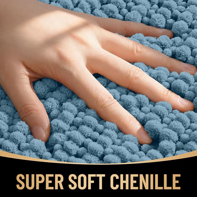 OLANLY Thick Chenille Bathroom Runner Rugs Mats 47x24, Airy Blue | Soft Absorbent Bath Rugs, Rubber Backing, Machine Wash Dry, Bath Mats for Bathroom, Tub and Shower, Home Decor Accessories