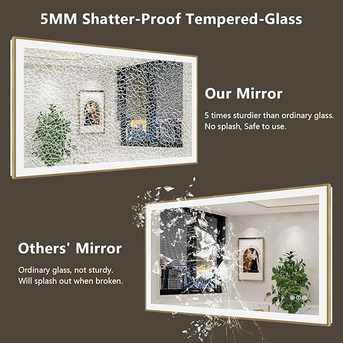 28x36 LED Bathroom Mirror with Lights, Gold Framed Lighted Mirror | Backlit and Front light, Anti-Fog, 3 Color Dimmable, Memory, Tempered Glass, IP54 Waterproof, UL Listed