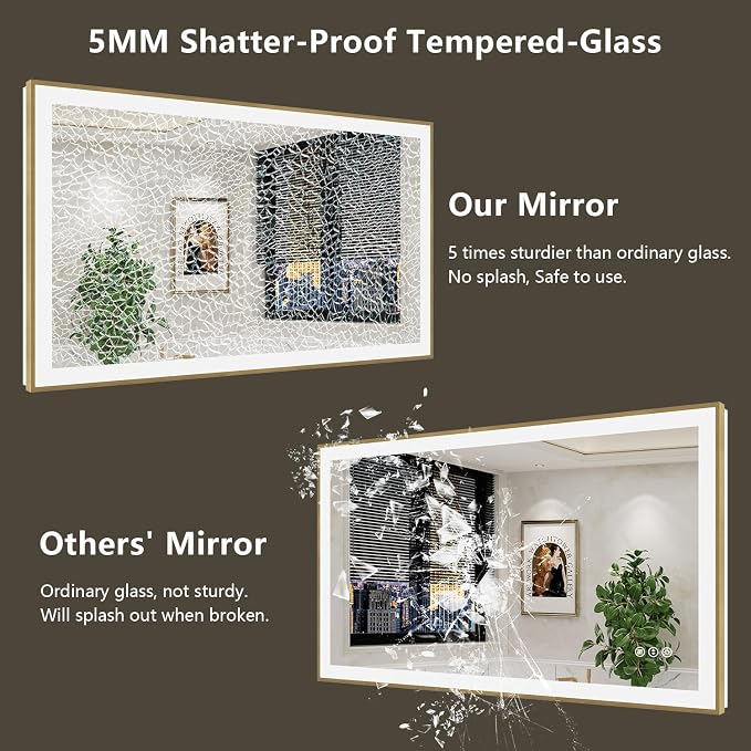 24x36 LED Bathroom Mirror with Lights, Gold Framed Lighted Mirror | Backlit and Front light, Anti-Fog, 3 Color Dimmable, Memory, Tempered Glass, IP54 Waterproof, UL Listed