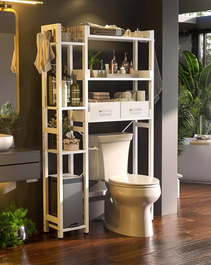 Besiost Over The Toilet Storage, 7 Tier Bathroom Organizer with Reversible Side Shelf and 2 Fabric Drawers, Adjustable Freestanding Rack Space Saver for Small Spaces, White