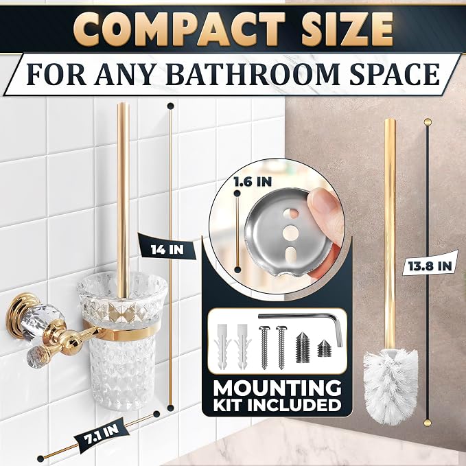 Wall-Mounted Toilet Brush and Holder Set, Clear Bowl (Gold Crystal) | Toilet Bowl Brush and Holder Set, Polished Gold Handle, Space-Saving Wall Mount, Stainless Steel Body, for Elegant Bathrooms