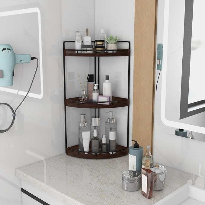 Dorhors Corner Bathroom Organizer Countertop,Vanity Counter Storage Shelf | 3 Tier Walnut Stand Rack Holder for Kitchen,Dresser,Restroom,Wood Bathroom Sink Tray for Makeup,Perfume,Skincare,Lotion