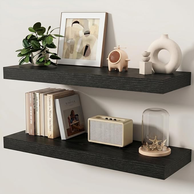 Floating Shelves for Wall, 32 Inch x 8 Inch Deep Wall Mounted Wood Shelf with Invisible Brackets for Storage & Display, Living Room Bedroom Kitchen, Black, Set of 2