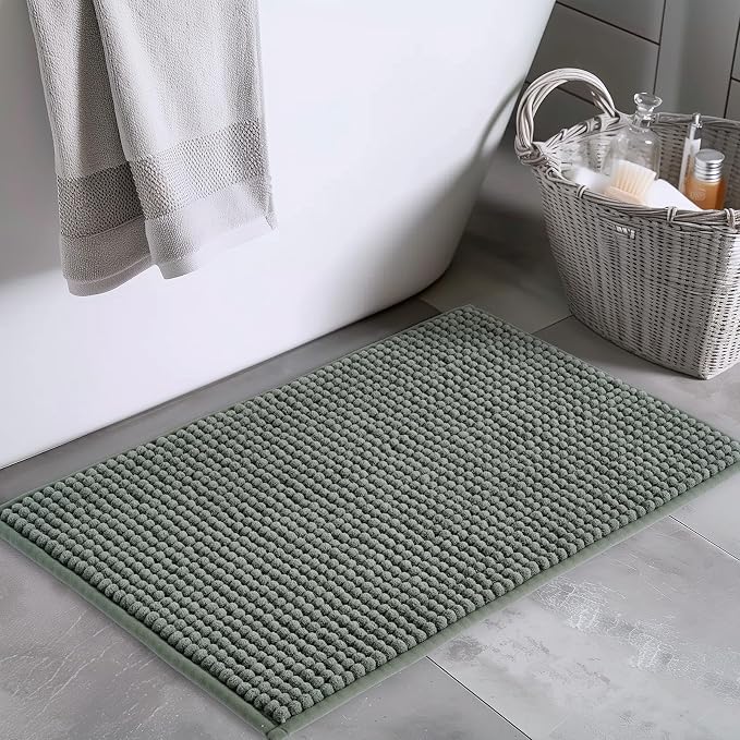 FRESHMINT Thick Chunky Chenille Bathroom Rug, Sage Green, 20"x32" | Non-Slip Backing, Water Absorbent Surface, Machine Washable Care, Cushioned Comfort, Bathroom Floor Use