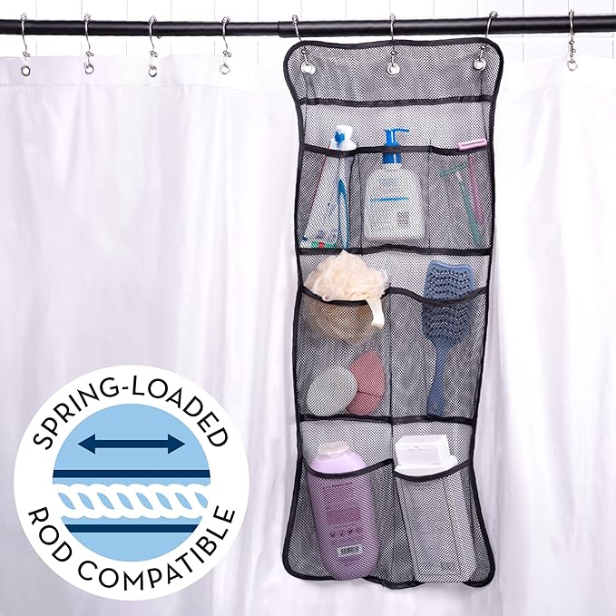 S&T INC. Shower Organizer and Caddy, 2 Pack, 14" x 30", Black | Quick-Dry Mesh, 7 Pockets, Shower Caddy and Bathroom Organizer, Hangs on Existing Shower Curtain Hooks, Cruise Essential
