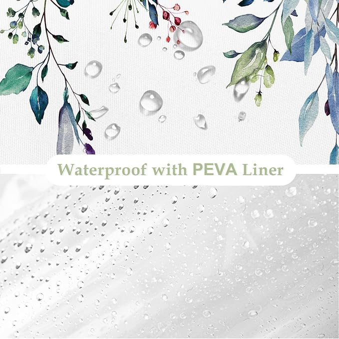 3 in 1 Shower Curtain Set, Green Eucalyptus Curtain 72x72 | Bath Curtain and PEVA Liner Set with 12 Metal Hooks, Waterproof Fabric Bathroom Decor, Machine Washable, Rustproof Grommets