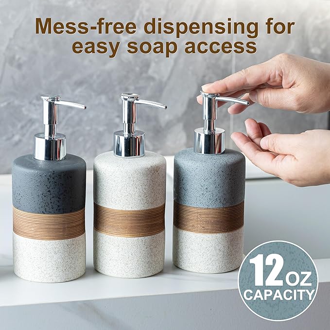 2 Pack Ceramic Soap Dispensers Set, Hand and Dish Soap Dispenser | Shampoo and Conditioner Dispenser Set, for Bathroom and Kitchen | with Stainless Steel Pump, Silicone Funnel and Tray, White
