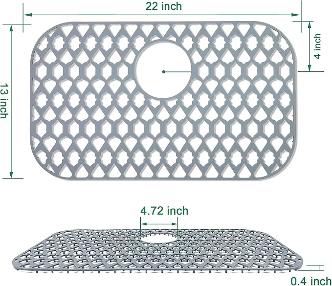 Silicone Sink Protector for Multi-Size Kitchen Sink (22"x13", Rear Drain) | Flexible and durable, heat-resistant, machine washable, non-slip, gray grid.