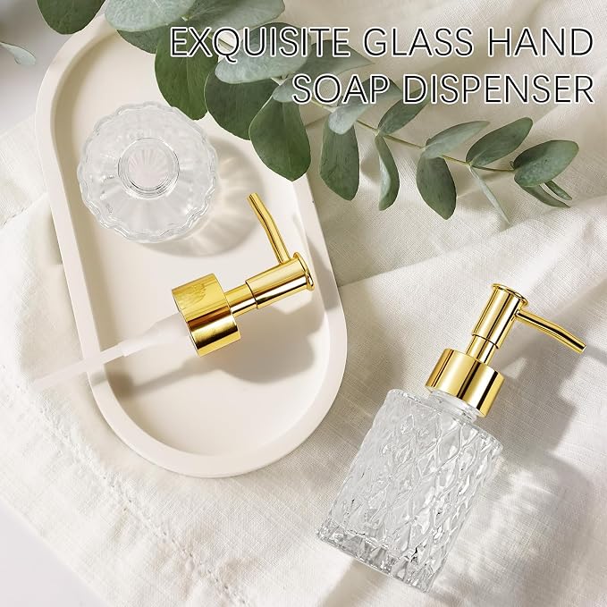 2PCS Glass Hand Soap Dispenser with Pump for Bathroom/Kitchen | Small Crystal Soap Dispenser Refillable Liquid for Dish Soap, Hand Soap, Essential Oil & Lotion (Transparent,Gold Pump)