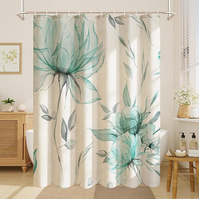 Litabel Farmhouse Teal Floral Linen Shower Curtain, Boho Vintage Spring Cotton Shower Curtains for Chic Elegant Bathroom Decor, Ink Painting Style Blossom Fabric Bath Curtain, 72 x 72