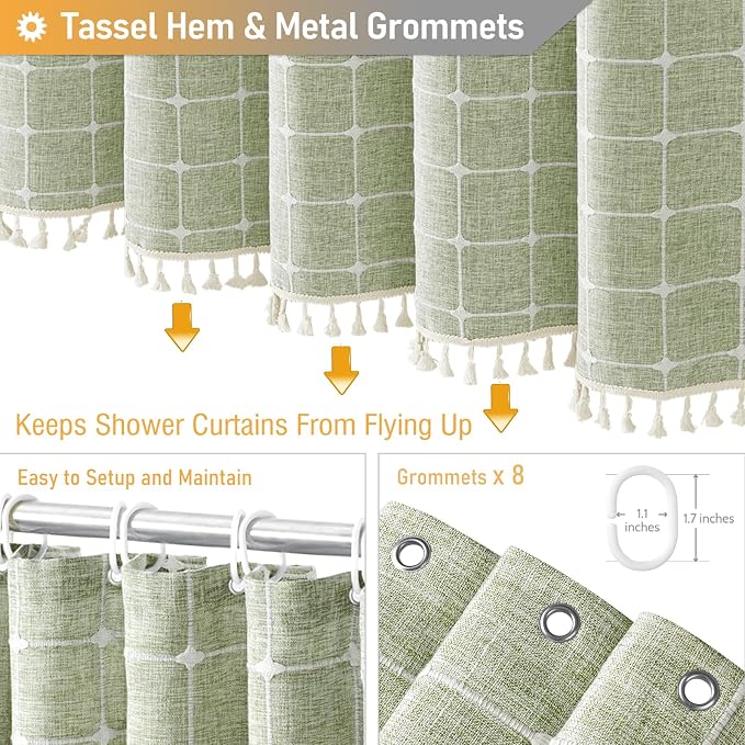 48x72 Boho Farmhouse Linen Heavy Duty Shower Curtain Set, Sage Green | Stall Size, 330GSM Linen Blend, 3-side Tassels, Water Repellent Fabric, 8 Plastic Hooks, Rustic Bohemian, Machine Washable